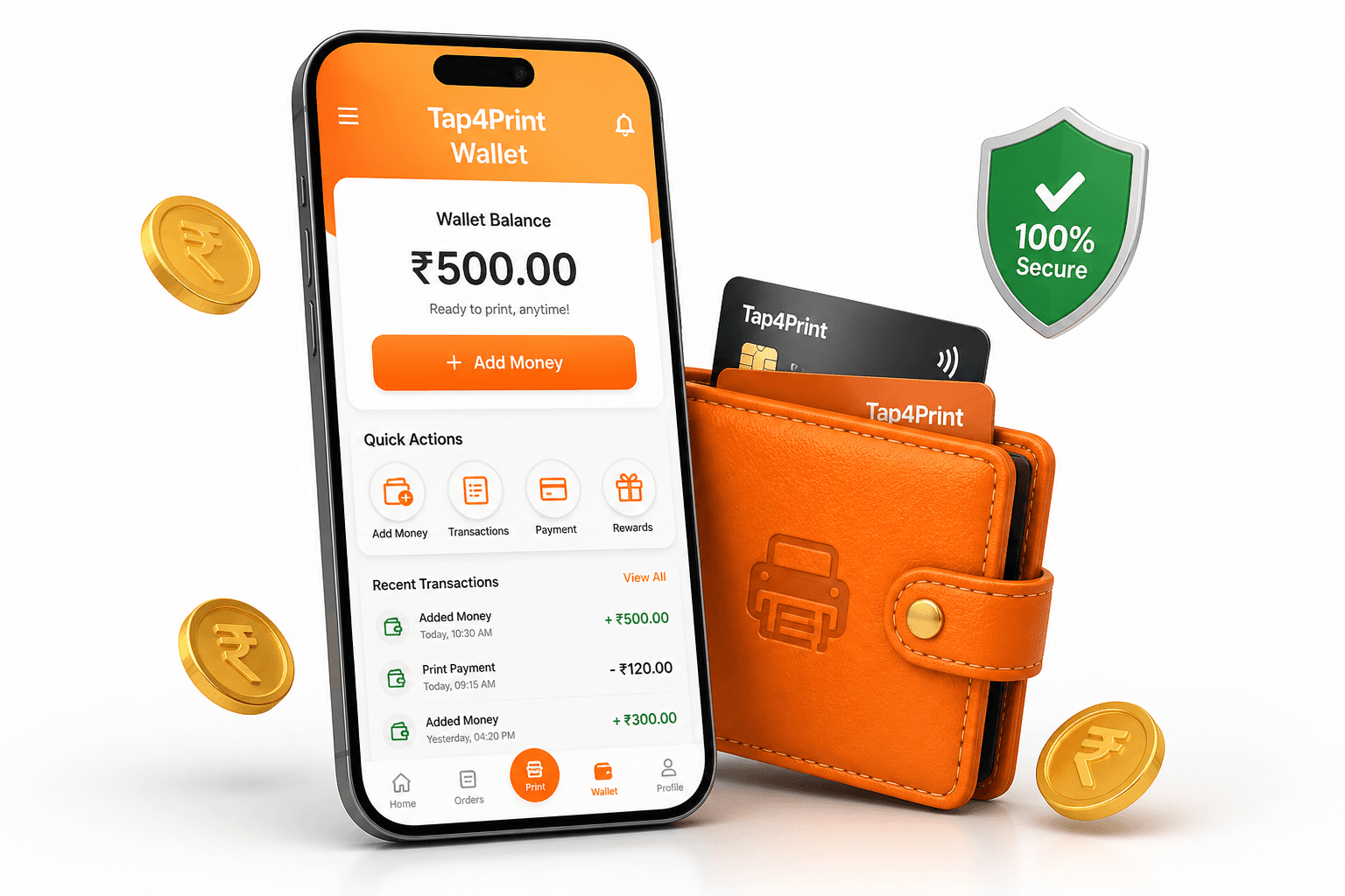 Tap4Print wallet on a smartphone showing a ₹500 balance